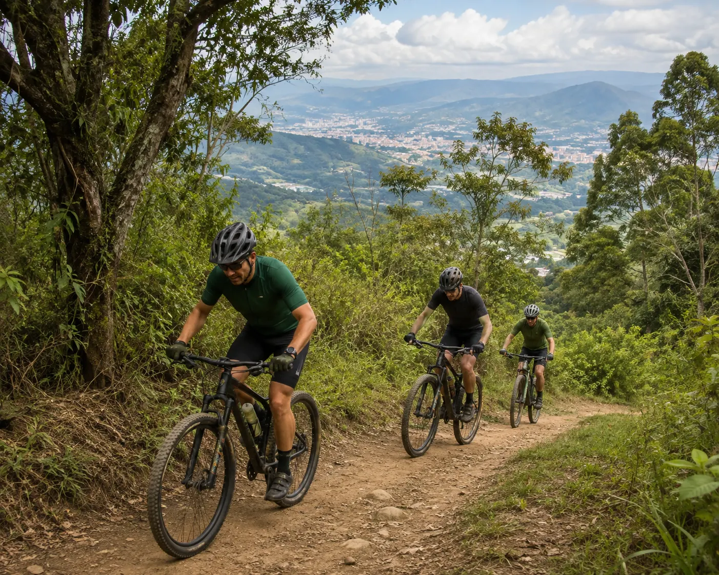 Tres ciclistas subiendo por un sendero de montaña con Medellín al fondo